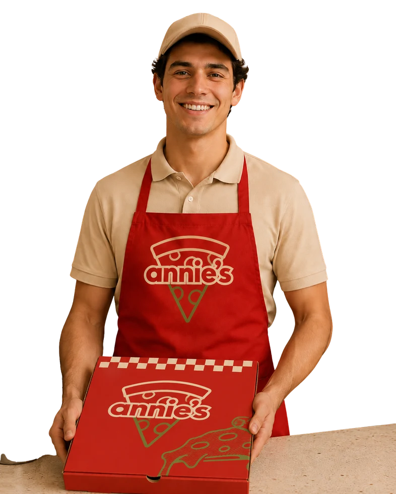 Annie's team member holding a branded pizza box