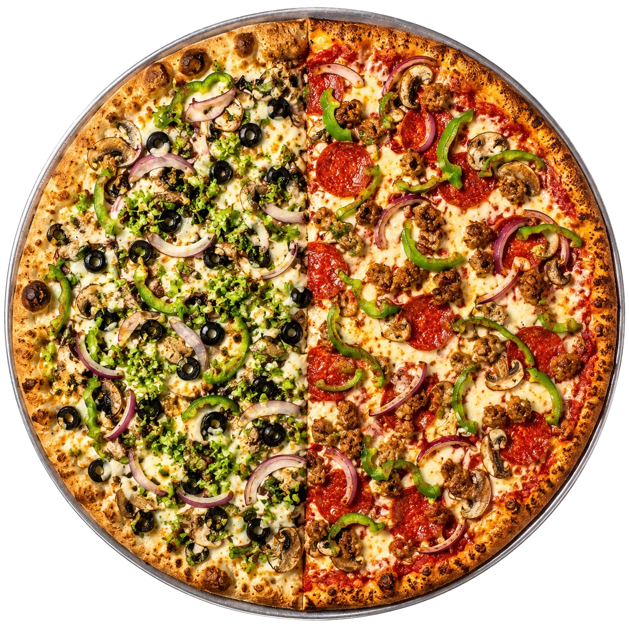 A fresh Annie's pizza with mozzarella, tomatoes, basil, peppers, olives, and mushrooms